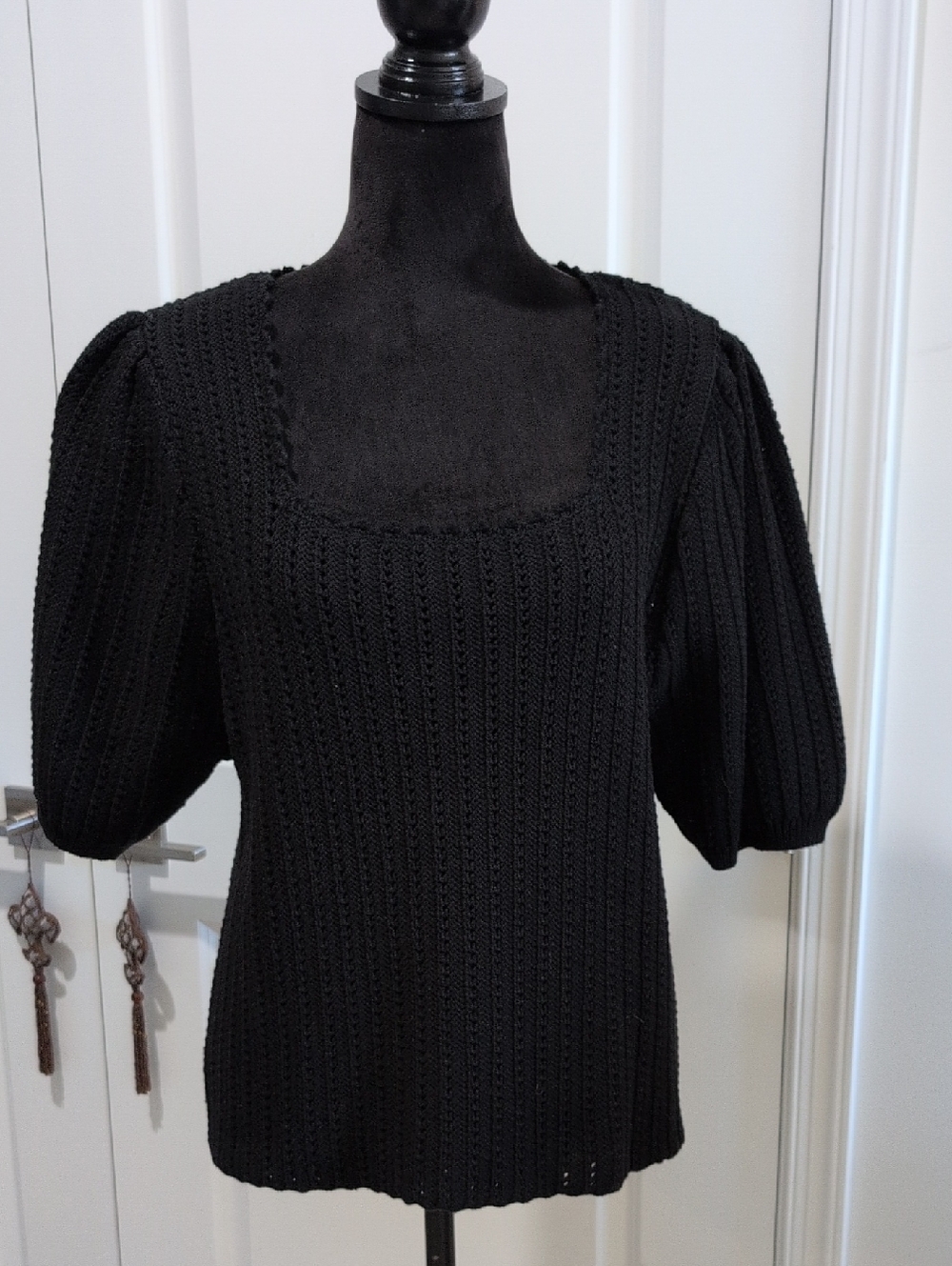 NWOT Ann Taylor Black Square-Neck Puff-Sleeve Cotton Knit Top